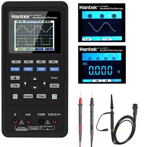 Hantek 3 in 1 Handheld Digital Oscilloscope Waveform Generator Multimeter Dual-channel 2 Channels USB Scopemeter Portable Scope Meter 40MHz Bandwidth 250MSa/s Sample Rate 2D42 TFT LCD Display Tester 